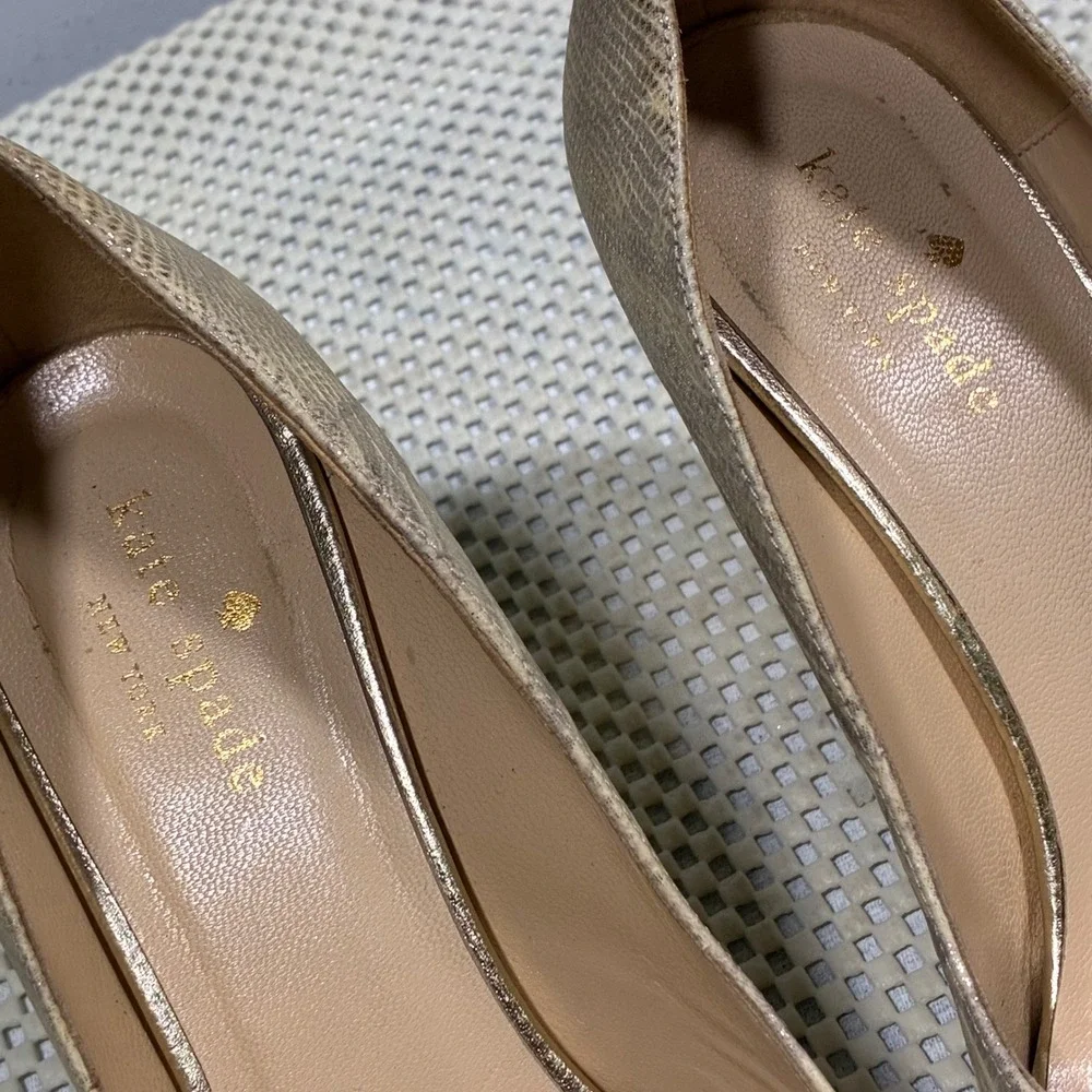Kate Spade New York Billie Peep Toe Heels Gold Snakeskin‎ Leather Pumps Size 7